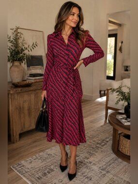 Boden Red Navy Geometric Belted Shirt Dress 8P Preppy Office Midi